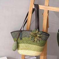 Knitted Straw Bag Summer Flower Bohemia Fashion Women's Handbags Color Stripes Shoulder Bags Beach ARI 45*15*30cm armijos žalia spalva