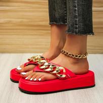 New Plus Size Herringbone Slippers Women Flat Beach Shoes 2024 Summer Vintage Metal Chain Platform Women‘s Flip-Flops Sandals 35 raudona