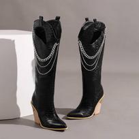 Krazing Pot Polyurethane Autumn Winter Shoes 47 Size 48 Super Size Wedges Pointed Toe Hollow Decoration Metal Chains Thigh High Boots 34 juoda