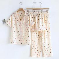 New Summer Pajamas Set 100% Cotton Crepe Love Short Sleeves + Shorts + Pants Three Piece Set Buckle Cute Ladies Pajamas M