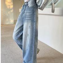 Vintage Scratch Abrasion White Wide Leg Jeans Women 2025 New Elegant High Waisted Loose Plus Size Trousers American Style Casual Mop Pants S šviesiai mėlyna spalva