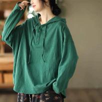 Spring Retro Hooded Pullover All-match Solid Color Sweater Women's Loose Casual Long-sleeved Top M blue