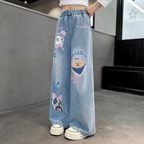 Spring and Autumn Girls' Wide-leg Jeans, Children's Western Style Straight-leg Pants, Big Children's Spring and Autumn Trousers, Loose Pants 160 mėlyna