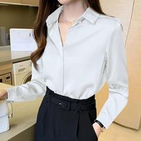 Simple Commuter Temperament Shirt Retro Hong Kong Style Long-sleeved Satin Women's Shirt Long-sleeved Elegant Blouse Commuter Shirt Spring Autumn XXXL balta