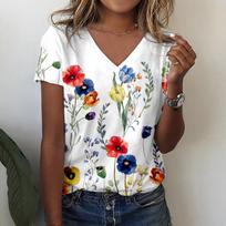 Summer V-neck 3D Floral Print Top Fashionable Casual Short Sleeved Women's T-shirts S