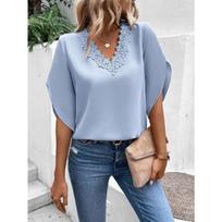 Women's Summer New Solid Lace V-neck Flare Sleeve Loose Fitting Shirt Elegant Fashion Casual Chiffon Versatile Pullover Shirt S