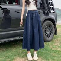 Denim Skirt Women's Mid-length Autumn Large Size High Waist Was Thin Loose Elastic Waist 5XL tamsiai mėlyna spalva