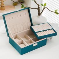 Double-Layer Wooden Jewelry Box with Lock for Watches and Earrings 23*17*9 CM žalia