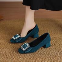 Krazing Pot Suede Spring Summer Size 41 Med Heels Office Lady High Heels Crystal Women Square Toe Shallow Pumps 35 mėlyna