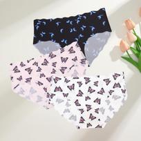 FINETOO 3Pcs Seamless Print Underwear for Women Sexy Leopard Butterfly Briefs Female Ice Silk Panties Comfortable Lingerie S-XXL S&3pcs black
