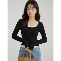 New Fake Two U-neck Long-sleeved T-shirt Female Autumn and Winter Sweet Temperament Small Slim Slimming Bottom Shirt Top One size