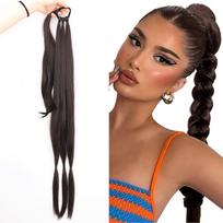 MISS WIG Synthetic Elegant Women Long Straight Braided Ponytail Extensions Natural Black Hairpiece Wrap Around Pony Tail With Rubber Band 85 cm