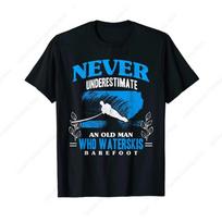 Never Understimate An Old Man Who Waterskis Barefoot Tee Water Skiing Beach Wave T-Shirt S juoda