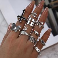 European & American Bold Frog, Peacock, Butterfly & Crying Face Rings - 10-Piece Set