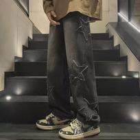 Men's Pentagram Jeans: Autumn/Winter High Street Fashion, Loose Fit, Wide Leg Mopping Pants for Junior High Students XXXL juoda