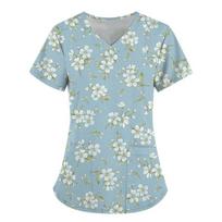 Women's T-shirt V-neck Nurse Uniform Commuting Comfortable Short Sleeved Small Fresh Printed T-shirt S white
