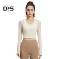 Women's Sheer Mesh Fake Two-Piece Crop Top Slim Fit Long Sleeve Camisole Workout Tops Padded Yoga Fitness Shirts M dramblio kaulas