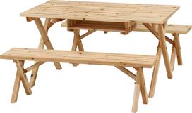 Fuji Boeki Garden Table Set BBQ Table Bench Set Width 120 x Depth 75 x Height 65cm Natural For 4 People With Stove Space With Parasol Hole Cedar Wood