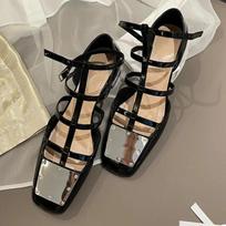 2024 Spring Faux Patent Finish High-heel Shoes with Straps Slingback Fashion Pumps for Women Mary Jane Lovey Square Toe Block 34 juoda