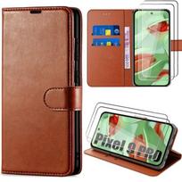 Coque + 2 Verres Trempés pour Google Pixel 9 Pro - Protection Anti-Rayures Cuir PU Marron Souple 360 Degré