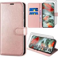 Case + 2 Full Tempered Glasses for Google Pixel 9 Pro XL, Pink PU Leather Flip Case Shockproof Anti-Scratch
