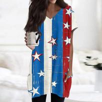 Women's Independence Day Flag Print V-Neck Midi Pocket Short Sleeve Top L mėlyna