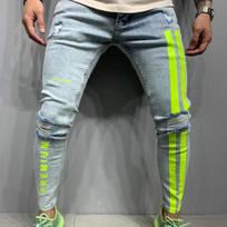 Vyriškos plėšytos elastinės mažos pėdos Džinsai Dryžuotos raidės Spausdinimas Pantalones Džinsai Hombre Vyriškos džinsinės kelnės Hip Hop S šviesiai mėlyna spalva