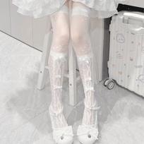 Women White Thigh Socks Lolita Cross Bow Glass Fiber Tie Knee High Long Socks Girl Ultra-thin Transparent Stocking
