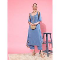 Women Designer Crepe Kurta Pant Dupatta Set Indian Party Wear Top Tunic Kurti VSO-1749 c M-38