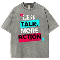 Less Talk More Action Letter Print Women Wash T-Shirt Vintage Distressed Cotton Oversized Couple Short Sleeve S