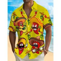 Men's Vibrant Fiesta Cartoon Print Short Sleeve Shirt - Breathable, Moisture-Wicking Polyester XS