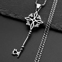 Stainless Steel Witch Celtic Knot Key Shape Pendant Necklace for Women Men Silver Color Wicca Pagan Chain Amulet Lucky Jewelry