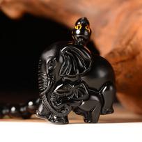 Crystal Obsidian Wealth-Bringing Ganesha and Baby Elephant Necklace Pendant Bare Pendant
