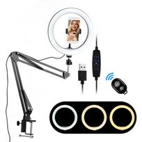 10 colių mini LED žiedinė lempa fotografijai, papildoma šviesa, 3 apšvietimo režimai, reguliuojamo ryškumo, maitinama per USB su juoda