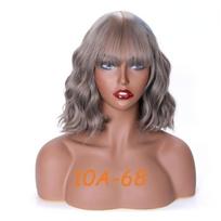MISS WIG Women Fashion Short Water Wave Wig with Bangs Synthetic Fiber Wavy Wig for Women Black Brown Blue Color 10A-68