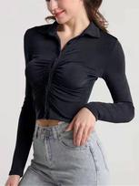 2022 Slim Ruched Ladies Sparkle Shirts Women Sexy Fashion Clothing Button Up Collar Glitter Shirt Long Sleeve Cropped Top XL rožinė raudona spalva