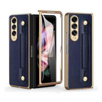 Atsparus įbrėžimams Nešiojamas Odinis Dėklas su Apyranke Samsung Galaxy Z Fold4 Fold 3 Fold3 Fold 4 2 Fold2 Smūgiams Atsparus Stiklo Plėvelės Dėklai for Samsung Z Fold 3 mėlyna