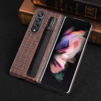 Madingi odiniai krokodilų raštų pieštukų dėklas, skirtas Samsung Galaxy Z Fold 3 dangteliu, prabangūs dėklai, skirti sulankstyti 3 F9260 raudonai ruda