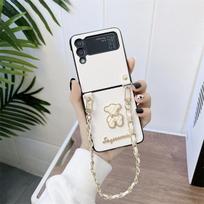 Korėjos mielas 3d meškos odinis rankinės grandinėlės telefono dėklas, skirtas Samsung Galaxy Z Flip 4 3 Z Flip3 5g dangtelis vienspalviai apsauginiai dėklai For Z Flip 4