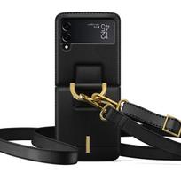Case For Korean Samsung Galaxy Z Flip3 Mobile Phone Shell Ring Buckle Shoulder Strap Leather Case Fashion For Zflip3 Fundas Capa juoda