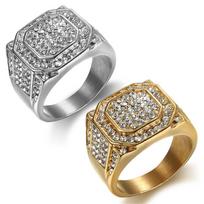 Hip Hop Iced Out Bling Full Micro Pave Rhinestone Hexagonal Rings IP Gold Color Stainless Steel Rings for Men Jewelry 12 auksas