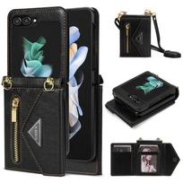 Skirtas Samsung Galaxy Z Flip 5 5G prabangiam odiniam dirželiui telefono dėklui, piniginės kortelių lizdo laikikliui Galaxy Z Flip 5 smūgiams atspariam apsauginiam dangteliui Samsung Galaxy Z Flip 5 juoda