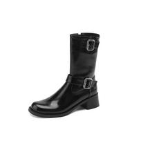 Krazing Pot Cow Leather Winter Round Toe Thick Med Heels Western Boots Gradient Color Zipper Retro Metal Buckle Mid-calf Boots 34 juoda