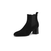 Krazing Pot Cow Suede Winter Round Toe Thick High Heels Modern Boots Women Slip on Office Lady Big Size 42 Ankle Boots 34 juoda