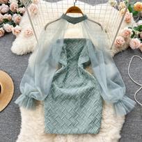 Elegant Sexy High Waist One Piece Dress Women Patchwork Mesh Lantern Long Sleeve Sexy Mini Dress Lady Vacation Slim Chic Party Ceremonial Dress 2024 S pilka spalva