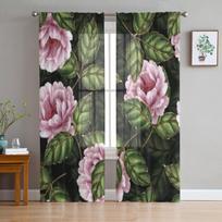 Rožių gėlės ir lapai Permatomos užuolaidos svetainės langams Permatomos Voile Tiulio užuolaidos Miegamojo užuolaidos Namų dekoras 135W x 114H(cm) black