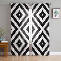 Juodos baltos netaisyklingos geometrijos tiulio užuolaidos, skirtos gyvenamojo kambario miegamojo dekorui Šifonas permatomas „Voile“ virtuvės lango užuolaidos 135W x 114H(cm) blue