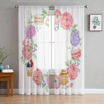 Rankomis pieštos vyšnių ir rožių žiedų tiulio užuolaidos gyvenamojo kambario dekoravimui Šiuolaikinės šydinės šifono užuolaidos miegamojo permatomos galios 135W x 114H(cm)