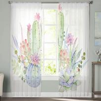 Succulents Painted Watercolor Sheer Curtains Bedroom Voile Curtain Living Room Window Sheer Curtains Kitchen Tulle Drapes 135W x 114H(cm) white