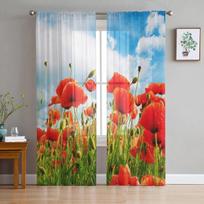 Poppies On Green Field Sheer Curtains For Living Room Kids Bedroom Tulle Curtains Kitchen Window Treatment Drapes 135W x 114H(cm) red